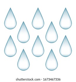 Water drops are voluminous. Many drops fall. Vector illustration.