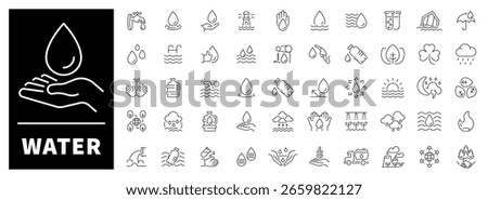 Water drops, waves, bottles, and hydration tools depicted in a clean liquid-based style. Refreshing set of 50 linear icons related to water use and conservation