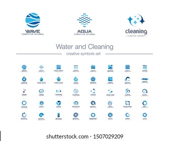 Water drops, waves and Cleaning creative symbols set. Pure aqua, bio drink abstract business logo concept. Easy wash, refresh, sea, ocean icons. Corporate identity logotypes, company graphic design