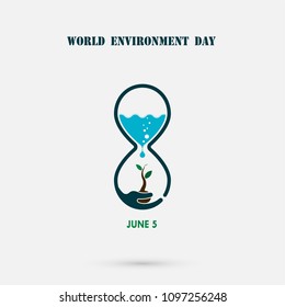 Water drop,sandglass icon with tree icon.World Environment day concept vector design template.June 5st World Environment day concept.World Environment day Awareness Idea Campaign.Vector illustration