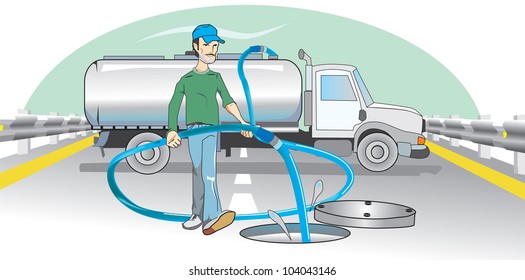 Water Dumping, Open Manhole, Man With A Hose, Truck In Background, Vector Illustration