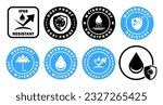 Water, dust, leak proof vector badges isolated on white. Water and dust resistant - vector labels set.