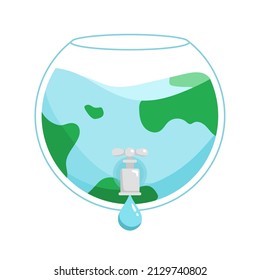 El agua de la tierra fluye en un tanque de peces y gotea desde un grifo. Concepto del Día Mundial del Agua. Ilustración vectorial.