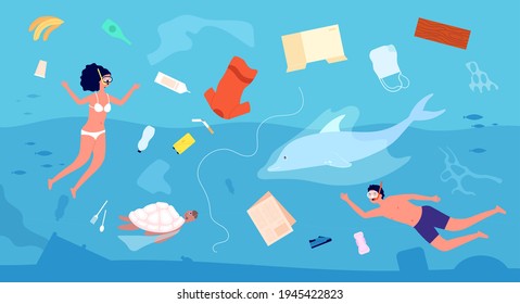 Water ecological problems. Sea pollution, trash or garbage fish turtle and divers in ocean. Plastic bottle ecology polluted utter vector concept