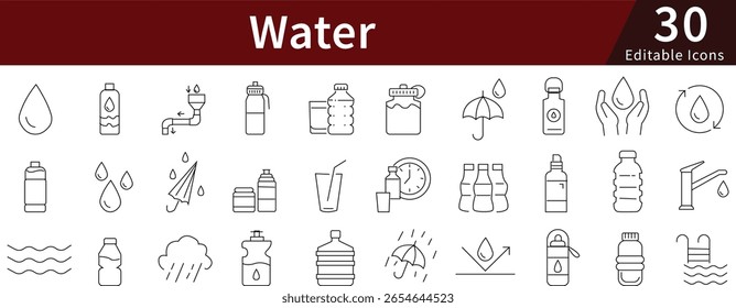 Linha editável de água Ícones definidos para hidratação, líquido, aquático e H2O