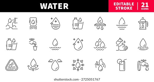 Water editable line icons set: hydration and fluid symbols in outline style