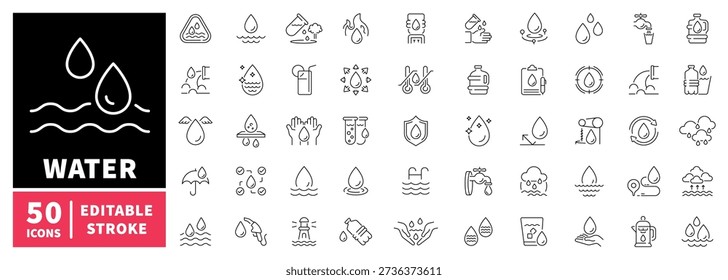 Water editable line icons set: linear aqua and droplet design symbols