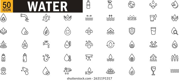 Water editable outline icon set. Conservation, purification, droplets, hydration, plumbing, sustainability and more.