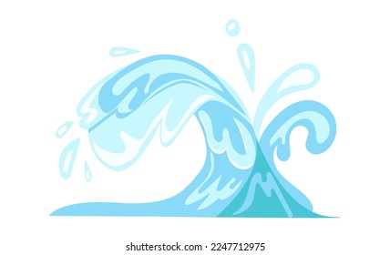 Water effect with high wave of ocean or sea, splashes and drops. Vector illustration in comic cartoon design