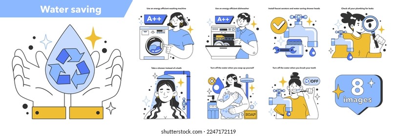 Water efficiency at home set. How to save money on your water bill, low utility costs and make your house more eco-friendly. Inflation or economic recession effect. Flat vector illustration