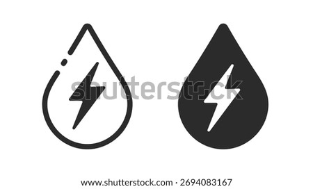 Water electrical energy power icon, hydropower electricity sign symbol pictogram line stroke outline, hydroelectric technology logo set, liquid drop with lightning thunderbolt image clip art