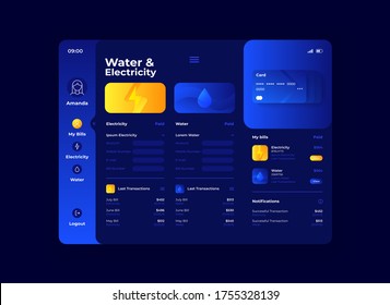 Water and electricity cost tablet interface vector template. Mobile app page night mode design layout. Utility bills screen. Flat UI for application. Finance and banking. Portable device display