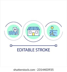 Icono de concepto de suministro de agua para bucle doméstico. Vida sustentable. Eco-hogar. Ilustración de línea delgada de idea abstracta de energía verde. Dibujo de contorno aislado. Trazo editable. Tipo de letra arial utilizado