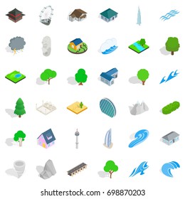 Water element icons set. Isometric style of 36 water element vector icons for web isolated on white background