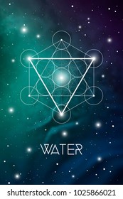 Water element symbol inside Metatron Cube and Flower of Life in front of outer space cosmic background. Sacred geometry magic sign futuristic vector design.