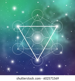 Water element symbol inside Metatron Cube and Flower of Life in front of space background. Sacred geometry futuristic vector design.