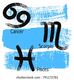 Water element zodiac signs. Cancer. Scorpio. Pisces. Calligraphic zodiac signs.