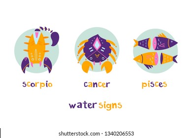 The Water element. Zodiac signs. Hand drawn trendy illustration. Flat design. Colored vector set. All elements are isolated