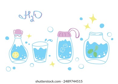 Water elements set. Full water bottle with lemon, glass with splash and jar with cucumber and mint isolated on white. Hand drawn cute vector illustration. H2O for health. Drink more water concept.