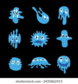 Water emoticons. funny faces of liquid blue drops of water