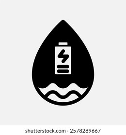 Water energy and battery icon Semi solid, free energy, ecology, renewable and green energy concept. Black and semi solid icon.