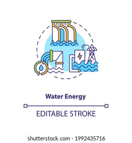 Icono de concepto de energía hídrica. Fuente de energía renovable para la idea de electricidad ilustración de línea delgada. La energía hidráulica depende del agua. Dibujo de color RGB con contorno aislado del vector. Trazo editable