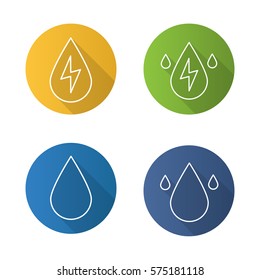 Water energy flat linear long shadow icons set. Water drops. Hydro power plant. Vector line illustration