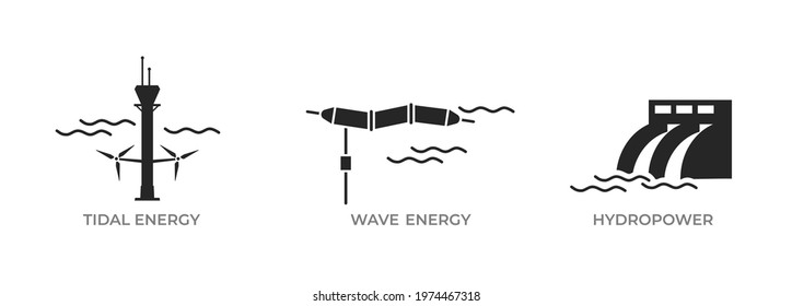 water energy icon set. tidal, wave and hydroelectric power plant. environment, sustainable and renewable energy symbol. isolated vector image