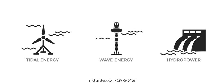 water energy icon set. tidal, wave and hydroelectric power plant. eco, alternative, sustainable and renewable energy symbol