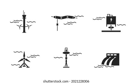 Water Energy Icon Set. Tidal, Wave And Hydroelectric Power Plant. Sustainable And Renewable Energy Symbols. Isolated Vector Image