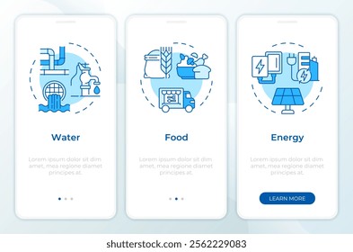 Water energy nexus blue onboarding mobile app screen. Ecology walkthrough 3 steps editable graphic instructions with linear concepts. UI, UX, GUI template