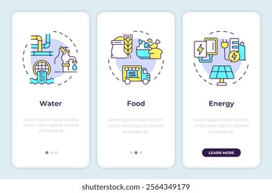 Water energy nexus onboarding mobile app screen. Sustainability walkthrough 3 steps editable graphic instructions with linear concepts. UI, UX, GUI template