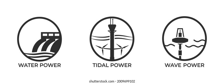 Water Energy Round Icon Set. Tidal, Wave And Hydroelectric Power Plant. Environment, Sustainable And Renewable Energy Symbols