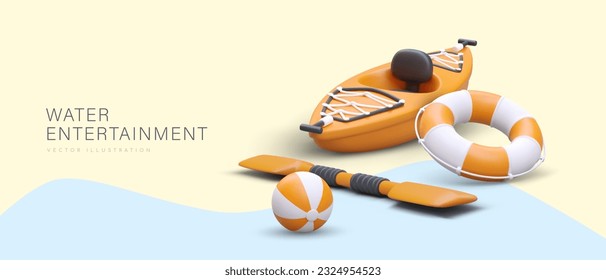 Water entertainment. Active games on river, lake, pond. 3D canoe, paddle, lifebuoy, striped beach ball. Summer fun vacation for family, children, friends. Horizontal template with space for text