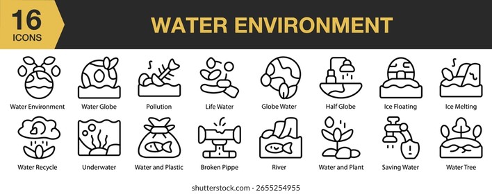 Symbolsatz "Wasserumgebung". Umfasst Umwelt, Wasser, Natur, Ökologie, Pflanzen und mehr. Gliederungssymbole, Vektorsammlung.