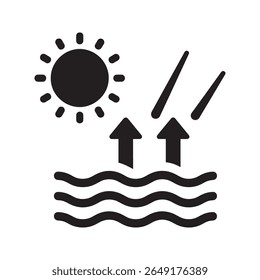 Water evaporation icon with sun and sea showing the process of the water cycle and the effect of heat on the environment climate change concept vector solid glyph icon