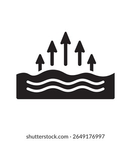 Water evaporation process icon with a wavy surface and upward arrows representing the natural water cycle and liquid turning to vapor vector solid glyph icon