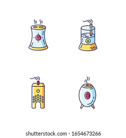 Water evaporators blue, yellow and red RGB color icons set. Air humidifiers, climate control household appliances, premises humidity level regulators. Isolated vector illustrations
