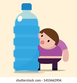 Water and exercise. fatty boy is looking at water bottle.