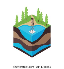 Water Extraction Process Isometric Icon With Soil Layers 3d Vector Illustration