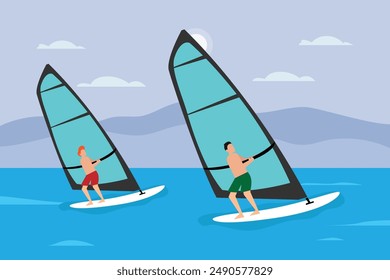 Water extreme activity. Happy people windsurfing 2d flat vector illustration