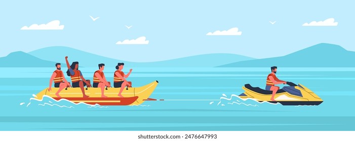 Water extreme recreation. Beach activities, happy people group on sea attraction, banana riding, motorboat pulling, summer holidays on sea, tropical resort, cartoon flat nowaday vector concept