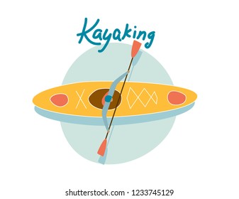 Water Extreme sport canoe emblem, logo, sign. Concept for shirt, print, stamp, badge or tee. Retro typography design with kayaker and fisher man. 