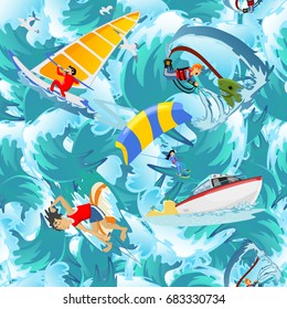 Water extreme sports seamless patterns, design elements for summer vacation activity textile, cartoon wave surfing, sea beach vector illustration, active lifestyle adventure