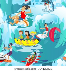 Water extreme sports seamless patterns, design elements for summer vacation activity textile, cartoon wave surfing, sea beach vector illustration, active lifestyle adventure