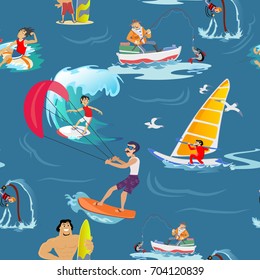 Water extreme sports seamless patterns, design elements for summer vacation activity textile, cartoon wave surfing, sea beach vector illustration, active lifestyle adventure