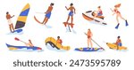 Water extreme sports and summer activities on vacation. Vector isolated set of people on jet, swimming underwater or diving, rowing or canoeing, riding on banana boat and trying windsurfing