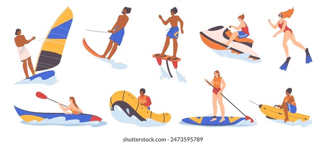 Water extreme sports and summer activities on vacation. Vector isolated set of people on jet, swimming underwater or diving, rowing or canoeing, riding on banana boat and trying windsurfing