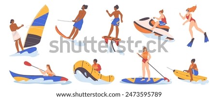 Water extreme sports and summer activities on vacation. Vector isolated set of people on jet, swimming underwater or diving, rowing or canoeing, riding on banana boat and trying windsurfing