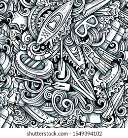 Water extreme sports vector hand drawn doodles seamless pattern. Active lifestyle graphics background design. Endless cartoon trace illustration.